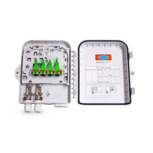 Caja exterior FTTH 2x8 con 1 splitter 1x8, conectores SCAPC y 8 adaptadores SCAPC