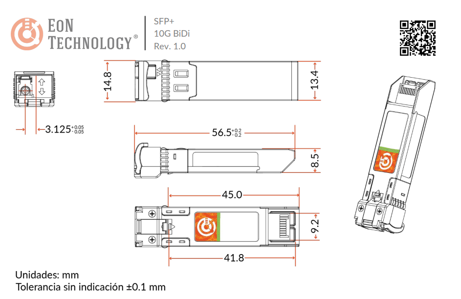 Transceiver SFP+ Bidireccional 10G, Monomodo BX-U, Upstream, alcance 20km, 1270nm-TX1330nm-RX, LC Simplex, DDMDOM, MSA, COM
